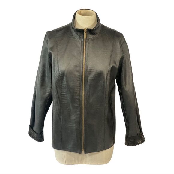 Reversible Faux Black Leather Moto & Animal Print Lightweight Jacket - Picture 1 of 10